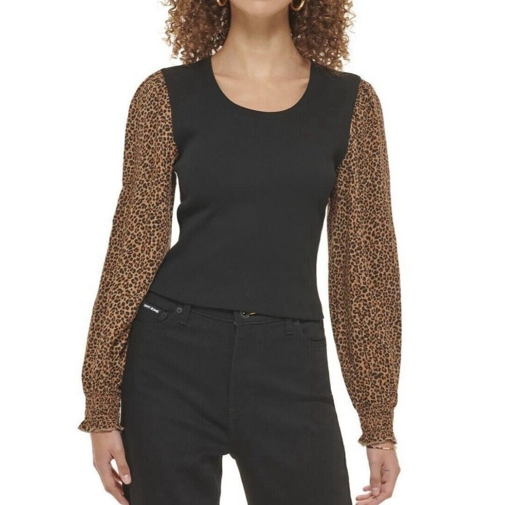 DKNY Womens Black With Leopard Long Puff Sleeve Size L. LTOP861